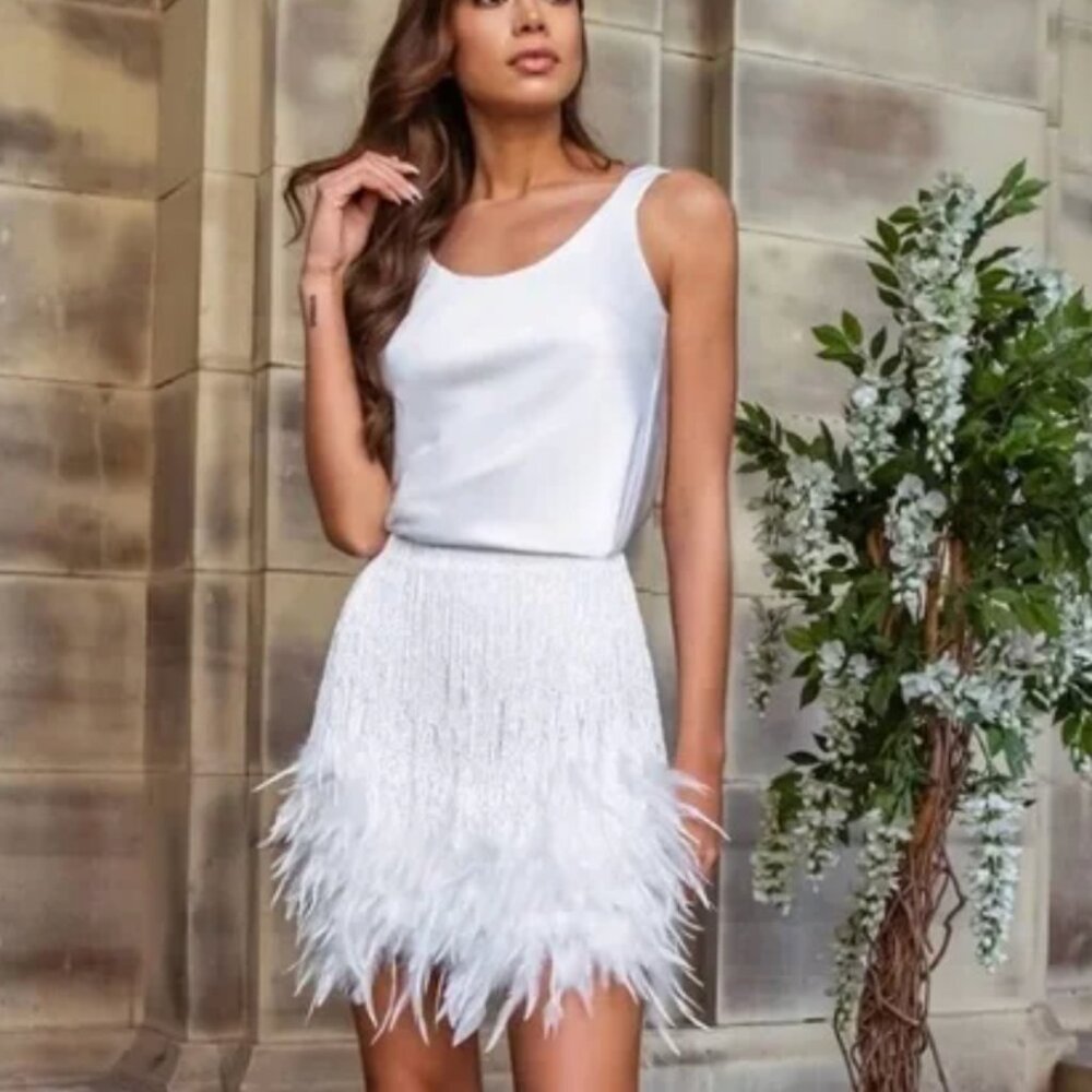 Nadine Merabi White Feather Sara Skirt TAGS ON